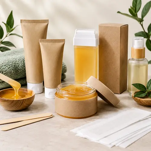 Hair removal packaging options for depilatory cream, sugar wax, wax strips, and roll-on wax