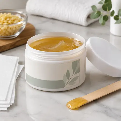 wax jar packaging with usage directions and wooden spatula