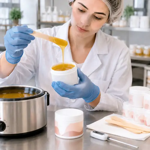hot wax sample review with labeled jar and wax warmer