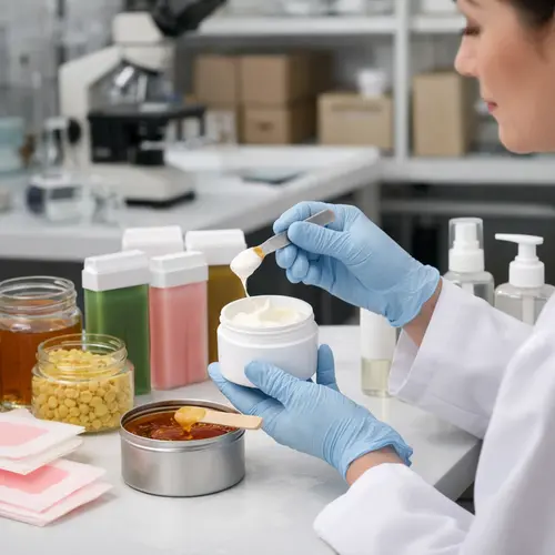 Technician reviewing depilatory cream and wax samples during hair removal product sampling