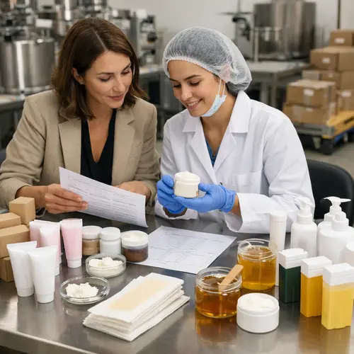Private-label buyer reviewing depilatory cream samples and packaging compatibility in a cosmetic laboratory