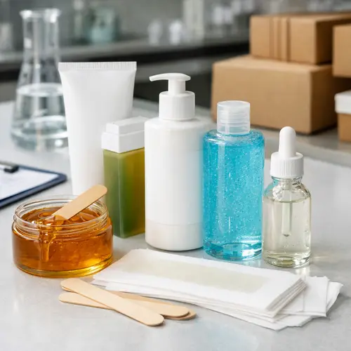 Private-label post-depilation lotion, cooling gel, and serum samples reviewed beside hair removal products