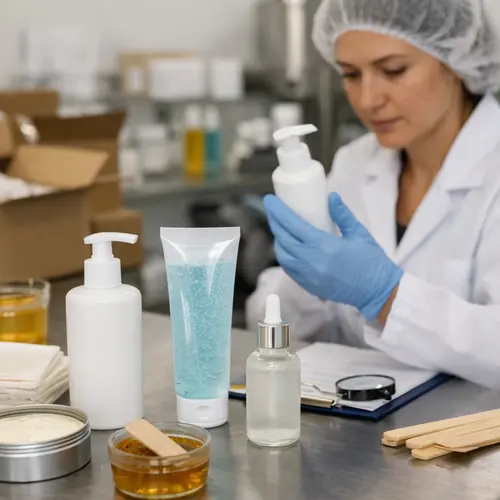 Technician reviewing post-depilatory lotion gel and serum samples for texture and packaging compatibility