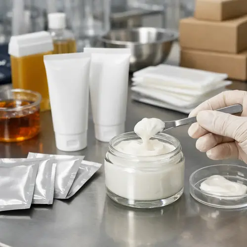 Depilatory cream sample review with sachets and tubes in a hair-removal product laboratory