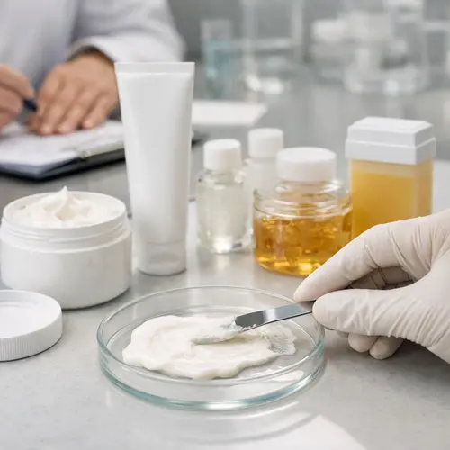 Sensitive-skin depilatory cream sample texture review in a cosmetic laboratory