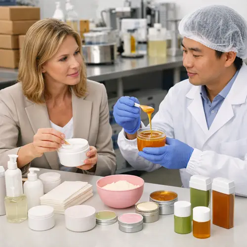 OEM technician reviewing sensitive-skin depilatory cream and wax samples with private-label buyer