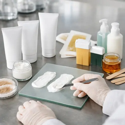 Depilatory cream sample review for texture and contact-time development in a formulation laboratory