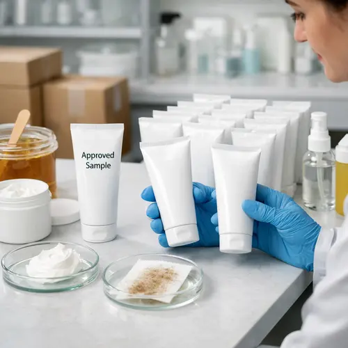Technician reviewing depilatory cream sample texture and filled tube packaging in a laboratory