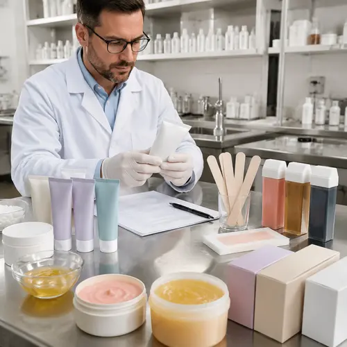 Technician reviewing depilatory cream samples and packaging compatibility for private-label production