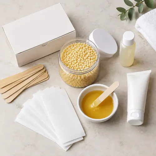 Private label hard wax kit packaging with wax beads, applicators, strips, and aftercare