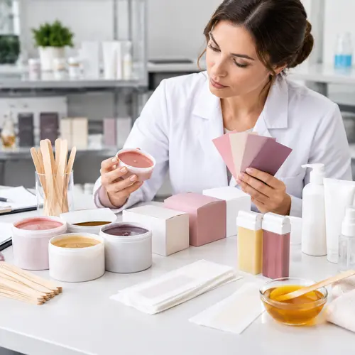 Private-label wax kit sample review with filled containers, cartons, and applicators