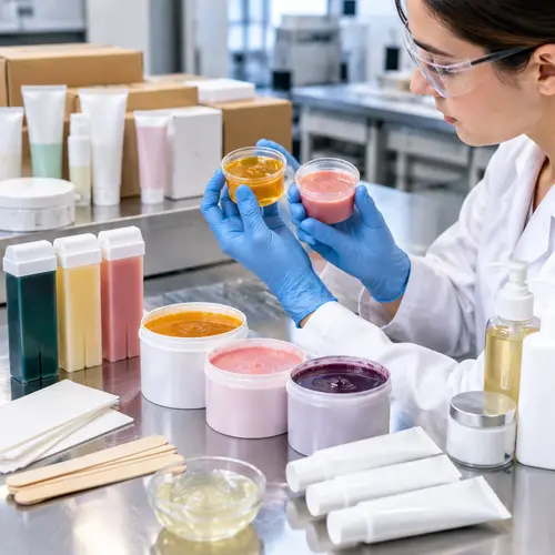 Technician reviewing depilatory wax texture and color samples for salon hair removal packaging