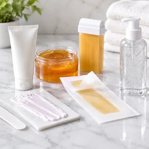 Depilatory cream, wax strip, and aftercare gel samples for sensitive-skin product comparison