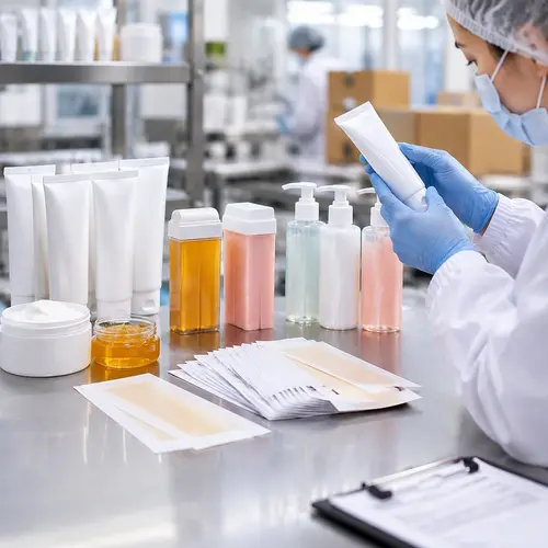 Hair removal packaging QC with cream tubes, wax strip sachets, roll-on cartridge, and aftercare pumps