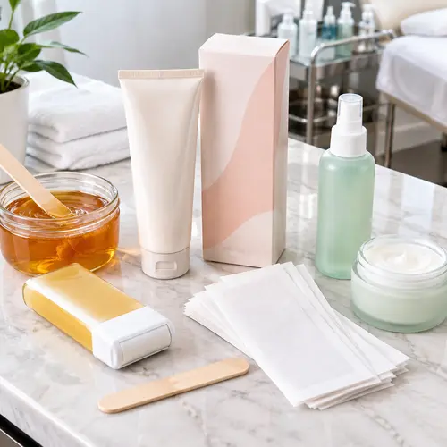 Salon retail hair removal products arranged with depilatory cream, wax strips, applicator, and aftercare packaging