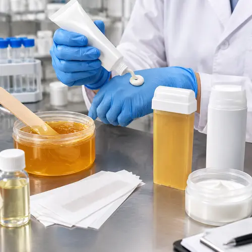 Depilatory cream sample review with wax jar and roll-on cartridge packaging