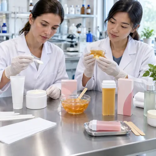 Depilatory cream and roll-on wax samples undergoing packaging compatibility review