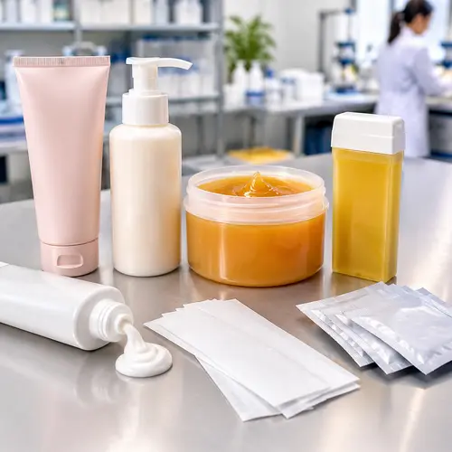 Depilatory cream tube, aftercare pump, wax jar, and sachet packaging compatibility review