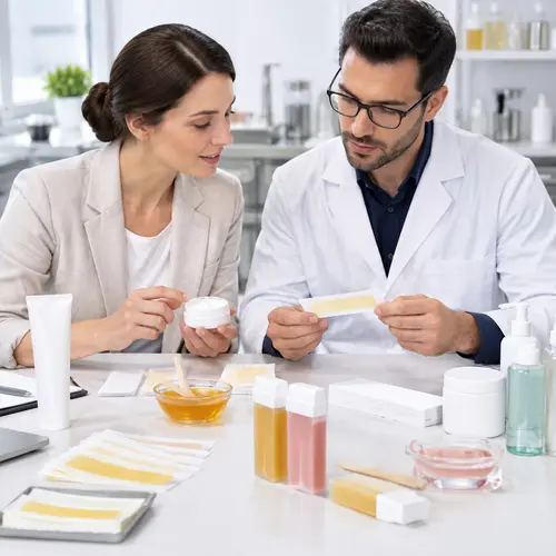 Private label buyer reviewing coded hair removal product samples