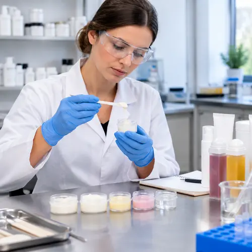 Depilatory cream sample review for texture and viscosity in a cosmetics lab