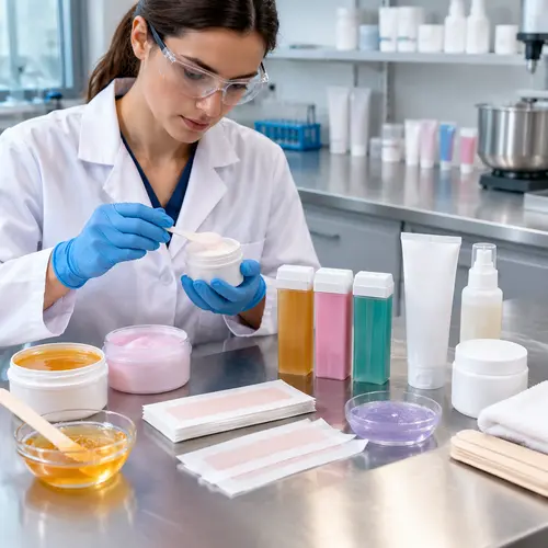 Depilatory cream sample review and wax texture assessment in a cosmetic laboratory