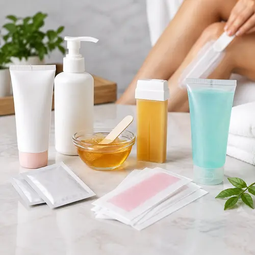 Private label hair removal formats with depilatory cream, wax strips, and aftercare