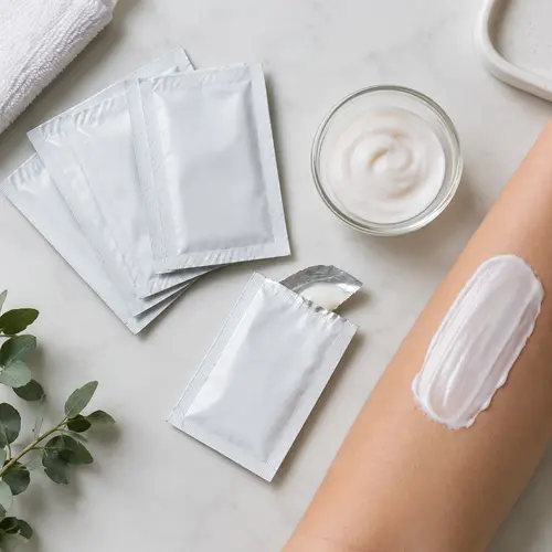 Single use facial depilatory cream sachet with measured cream texture