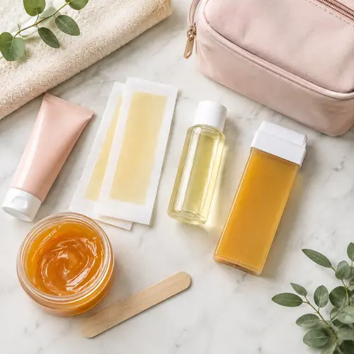 Travel-size depilatory cream, wax strip, roll-on wax, and aftercare packaging formats