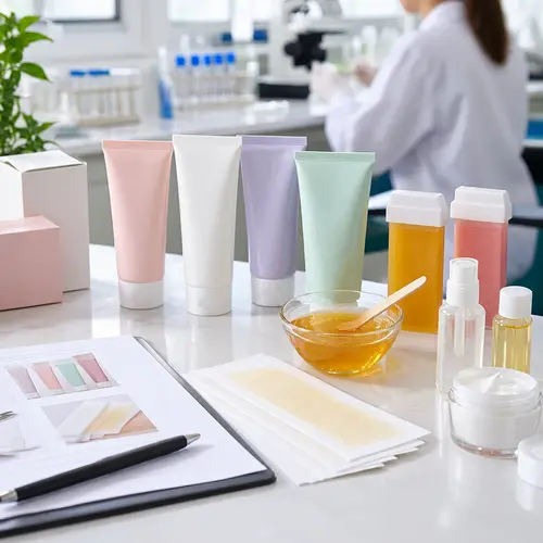 Depilatory cream sample review with wax strips and packaging components