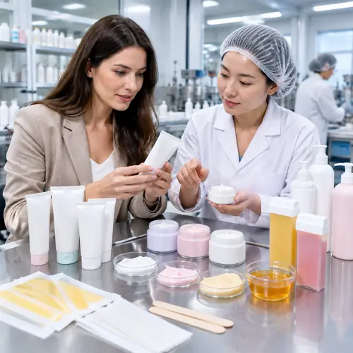 Private-label buyer reviewing depilatory cream sample texture and tube packaging with a technician