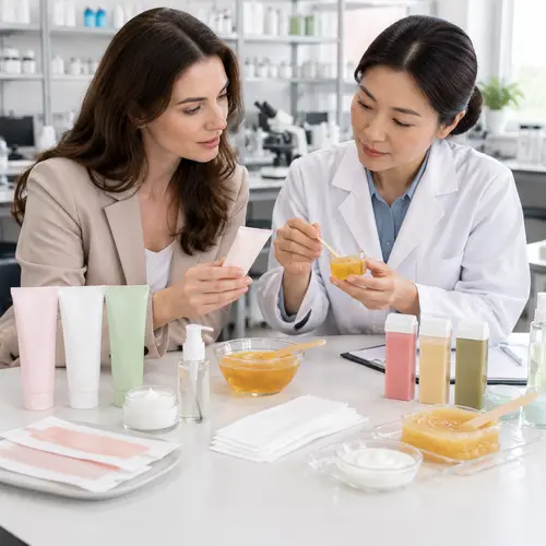 OEM technician reviewing depilatory cream texture and wax samples with a private-label buyer
