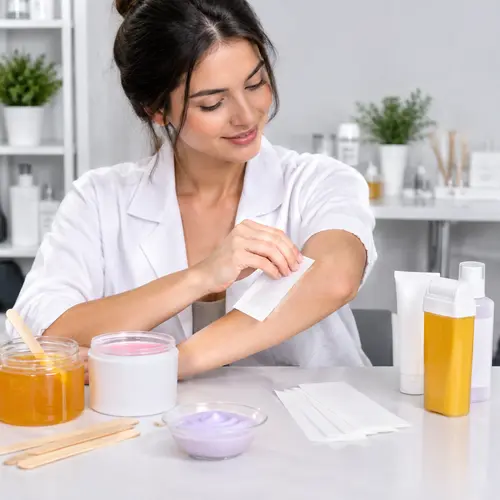 Creator reviewing depilatory cream texture and wax strip performance for a summer launch