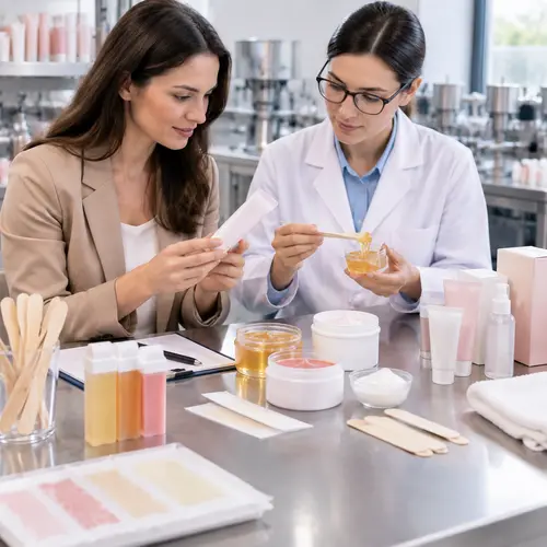 Buyer reviewing depilatory cream samples and wax texture with an OEM manufacturing technician