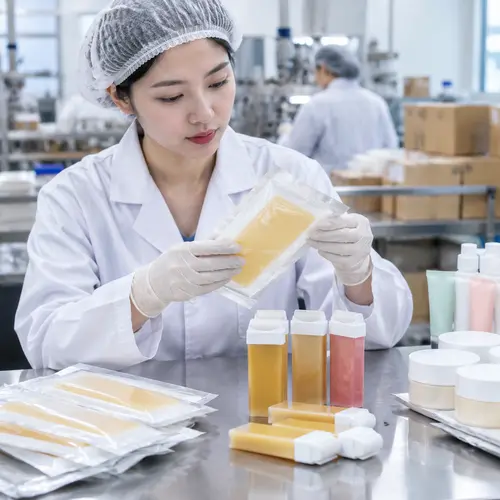 Quality inspector checking wax strip pouch seals and roll-on wax cartridge packaging