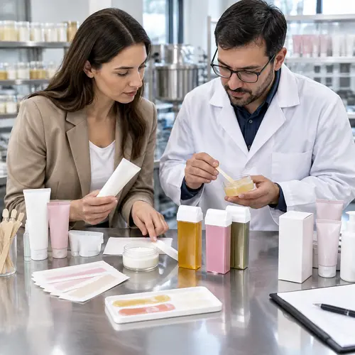 Buyer reviewing depilatory cream, wax strip, and roll-on cartridge samples for packaging compatibility