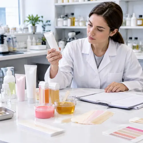 Depilatory cream sample review with hair-removal packaging in an OEM manufacturing facility