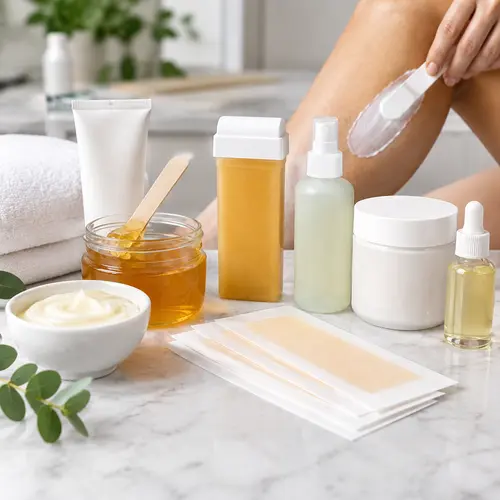 Sensitive skin hair removal products with depilatory cream, wax strips, sugar wax, and aftercare