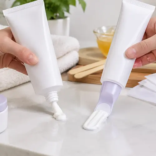 Standard tube and applicator tube dispensing depilatory cream during packaging review