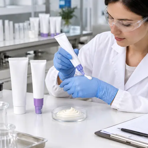 Depilatory cream sample review comparing standard and applicator tubes in a manufacturing laboratory
