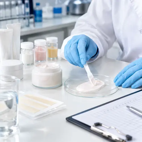 Depilatory cream sample texture review in a cosmetic formulation laboratory