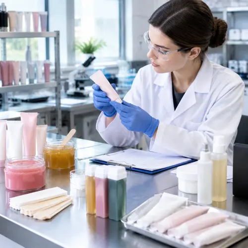 Depilatory cream sample review and quality control inspection in a cosmetics laboratory