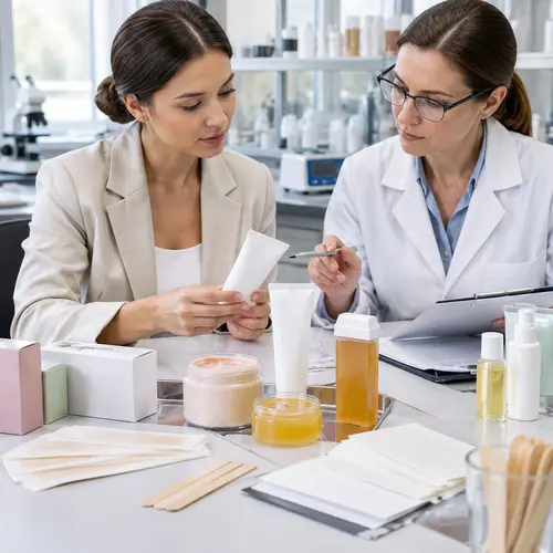 Buyer and technician reviewing depilatory cream samples and roll-on wax cartridge packaging in a cosmetics laboratory