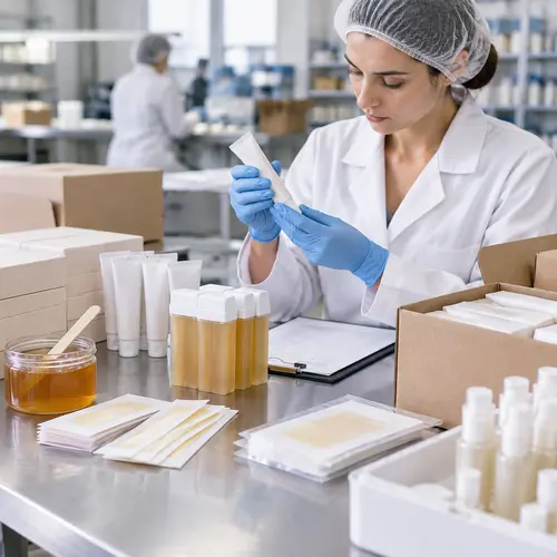 Quality-control inspection of wax strips, depilatory cream tubes, and roll-on cartridges before shipment