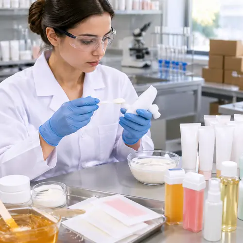 Depilatory cream sample texture and packaging compatibility review in a cosmetic laboratory