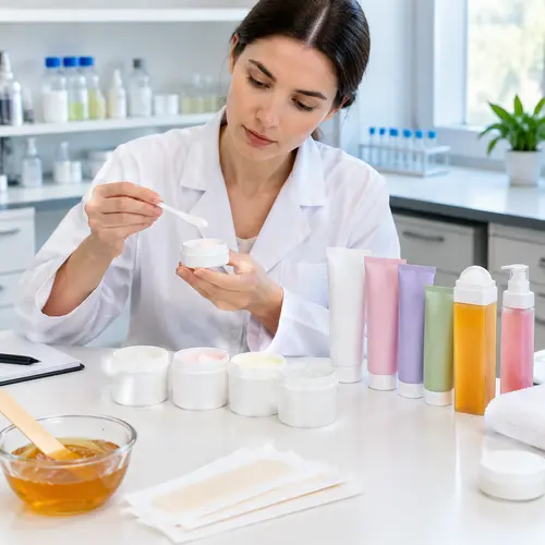Depilatory cream sample review with tube packaging options in a cosmetic lab