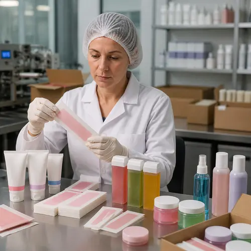 QC inspection of wax strips, depilatory cream, and aftercare kit packaging