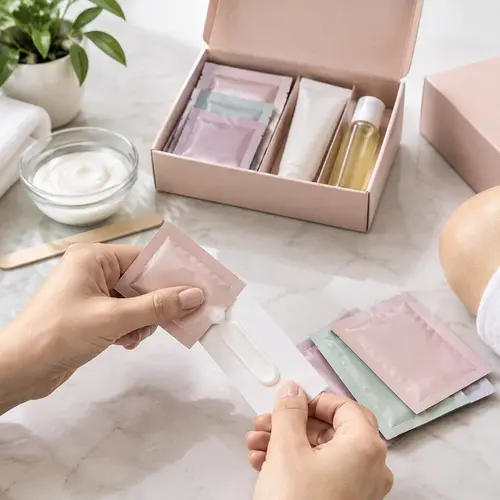 Single use depilatory cream sachets for hair removal sampling and starter kits