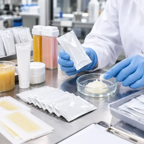 Depilatory cream sachet sample review during hair-removal packaging quality inspection
