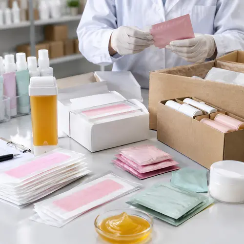 Hair-removal starter kit packaging inspection with wax strips roll-on cartridge and aftercare sachets