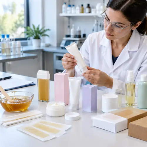 Depilatory cream and wax removal product samples reviewed on a formulation and packaging quality-control bench